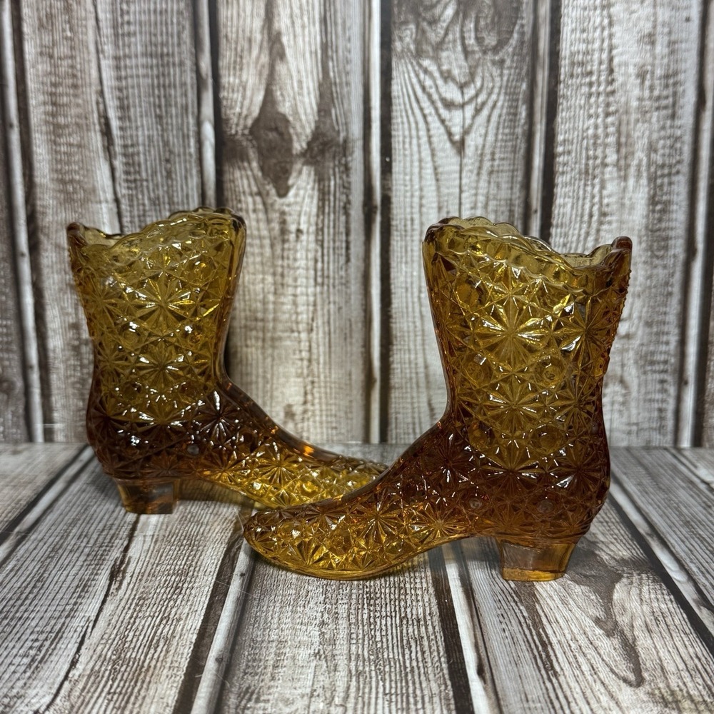 Fenton Daisy Button Amber Glass Boot Pair X2